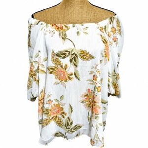 Cato Womens XL Floral Off Shoulder Blouse White Boho Peasant Sheer Flowy Top